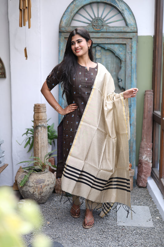 Brown-Premium Raw Silk Printed Salwar Set-(Top,Bottom,Duppatta)- Feeding FC0297