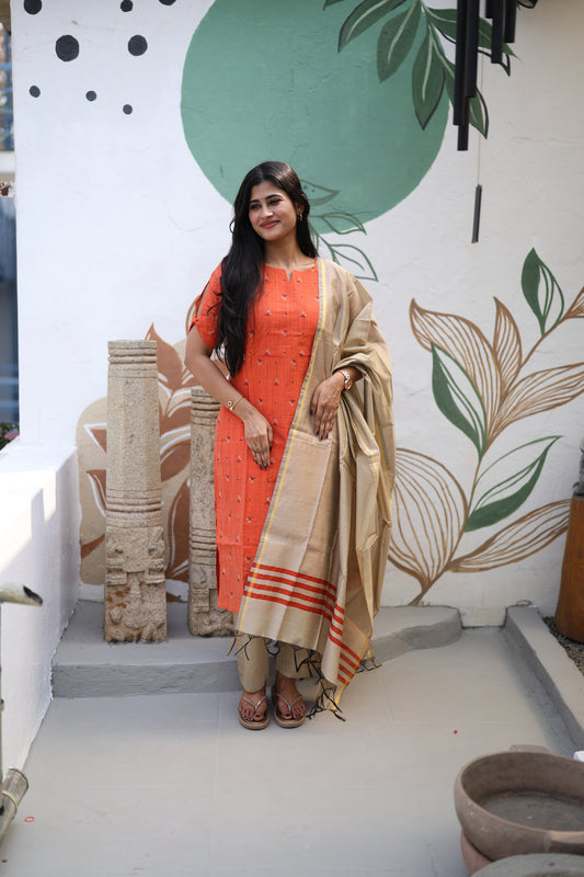 Rust orange Premium Raw Silk Printed Salwar Set-(Top,Bottom,Duppatta)- Feeding FC0299