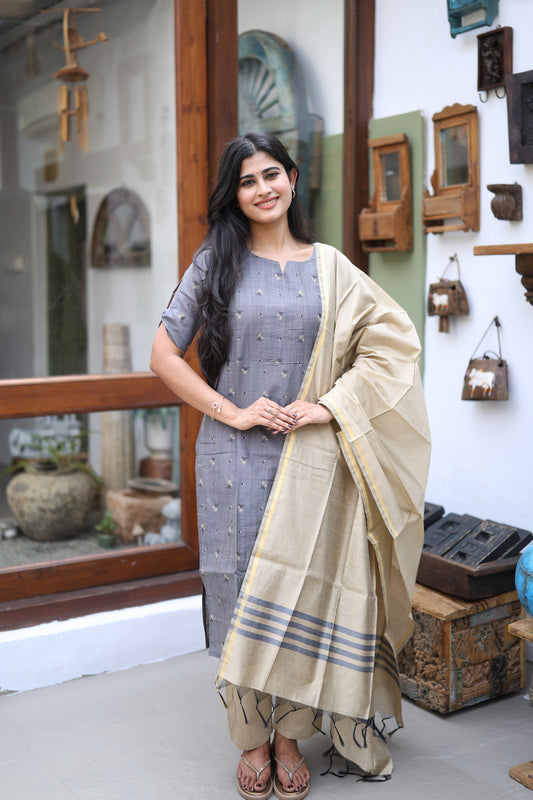 Premium Raw Silk Printed Salwar Set-(Top,Bottom,Duppatta)- Feeding FC0298