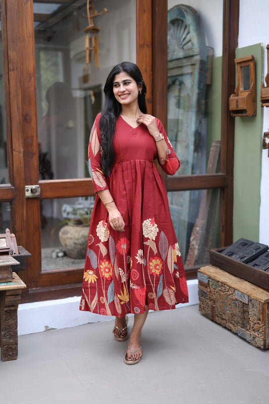 Mehroon-Premium Cotton Daman Print Fabric Maxi with Cotton lining FC0044