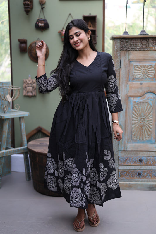 Black- Premium Cotton Daman Print Fabric Maxi with Cotton lining FC0040