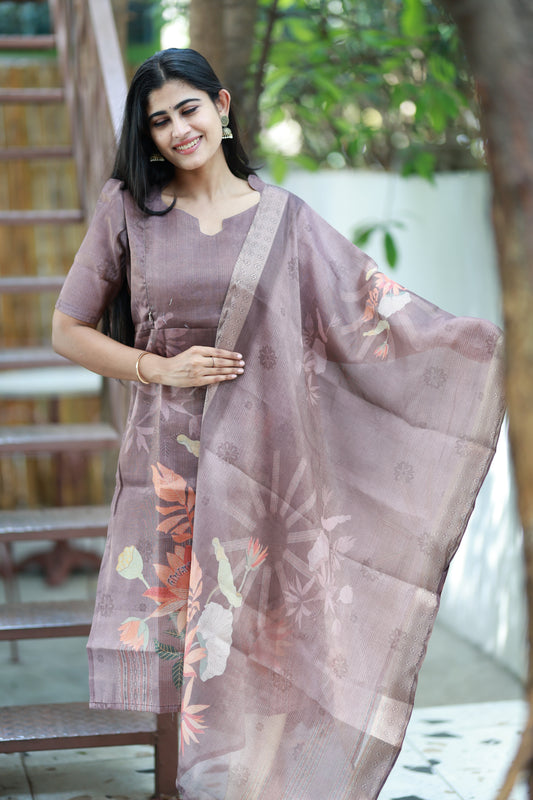 Premium Tissue Digital Printed Kurti and Dupatta Set-Brown FC0135