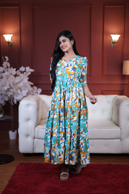 Premium Cotton Printed 3-Tier Maxi Dress | Size M-3XL | Feeding/Non-Feeding