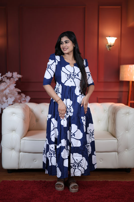 Premium Cotton Printed 3-Tier Maxi Dress | Size M-3XL | Feeding/Non-Feeding