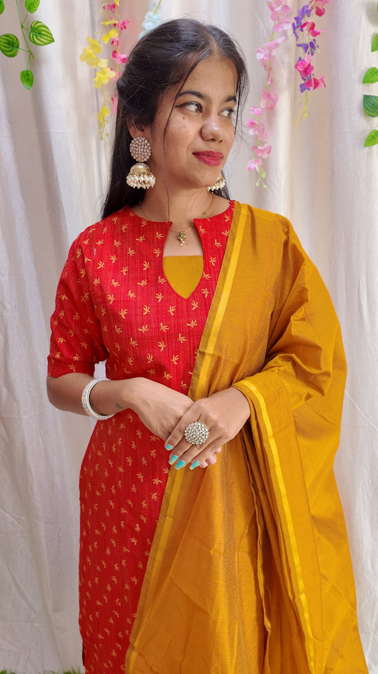Sara Red-Premium Raw Silk Printed Salwar Set-(Top,Bottom,Duppatta)- Feeding FC0304