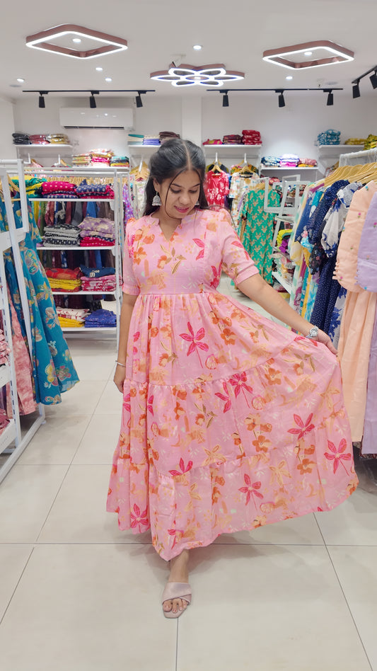 Premium Linen-Cotton Printed Maxi- Feeding | With Lining