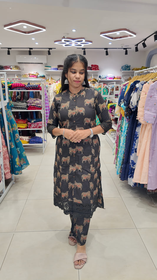 Premium Cotton Printed Lace Coord Set (With Lining)-College/Office wear