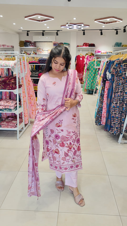 Soft Cotton Salwar Set-(Top,Bottom,Duppatta)-Non Feeding Only | With Lining