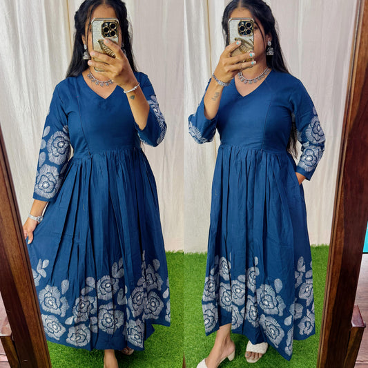 Navy- Premium Cotton Daman Print Fabric Maxi with Cotton lining FC0038