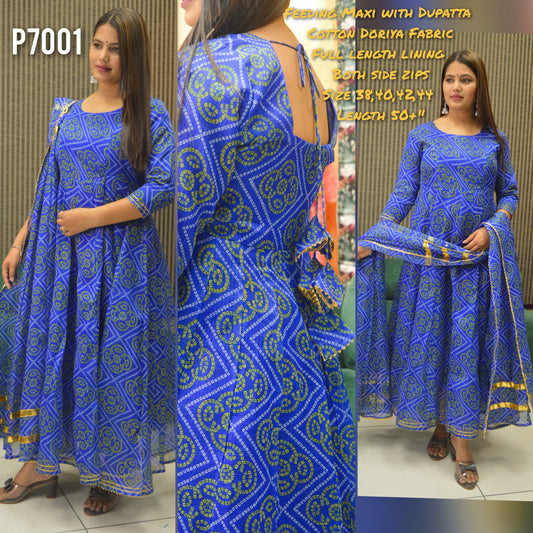 Cotton Doriya Feeding Maxi with Dupatta with Lining