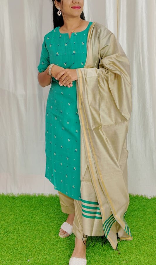 Premium Raw Silk Printed Salwar Set-(Top,Bottom,Duppatta)- Feeding FC0301