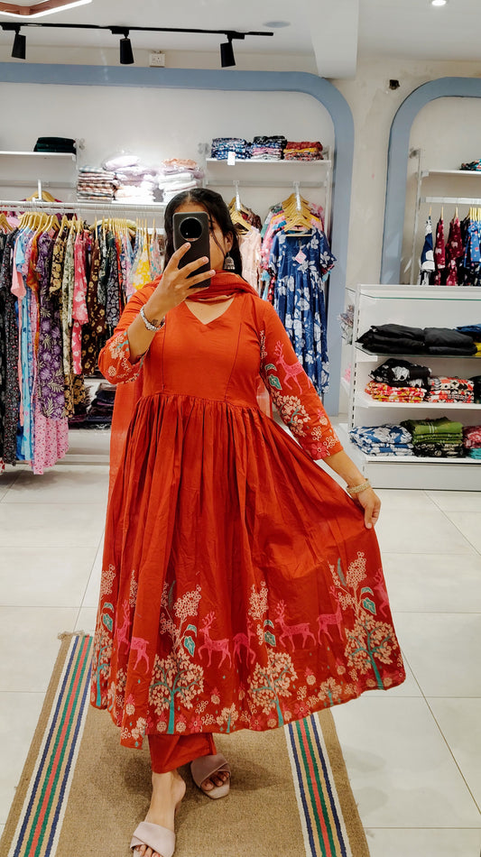Premium Cotton Anarkali Salwar Set-(Top,Bottom,Duppatta)- Feeding/Non Feeding