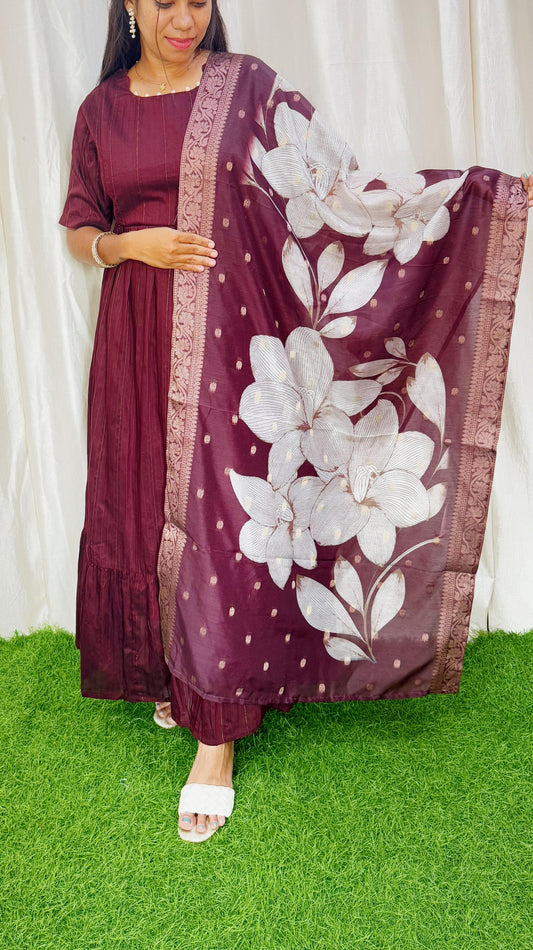 Brown-NEW FESTIVE Raw Silk Maxi with Digital Printed Duppata- Feeding FC0172