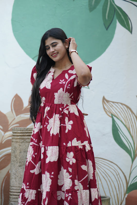 Premium Cotton Printed 3-Tier Maxi Dress | Size M-3XL FC0357