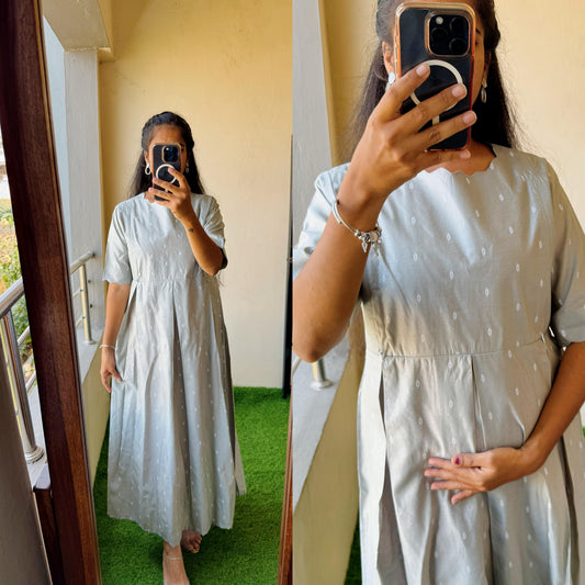 Feeding-Handloom Silk Cotton Maxi dress with Scallop neck Grey FC0201