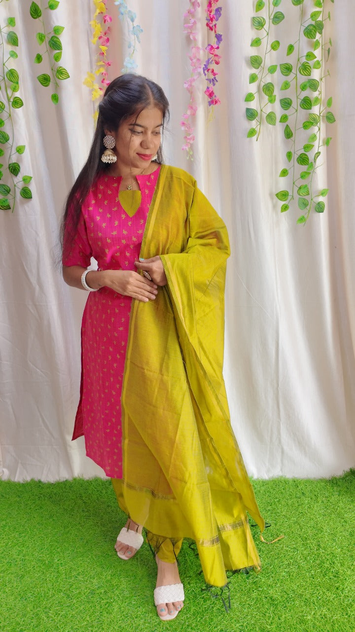 Sara Pink-Premium Raw Silk Printed Salwar Set-(Top,Bottom,Duppatta)- Feeding FC0305