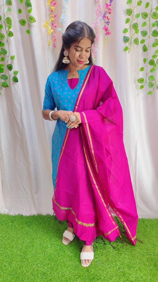 Sara Blue-Premium Raw Silk Printed Salwar Set-(Top,Bottom,Duppatta)- Feeding FC0303