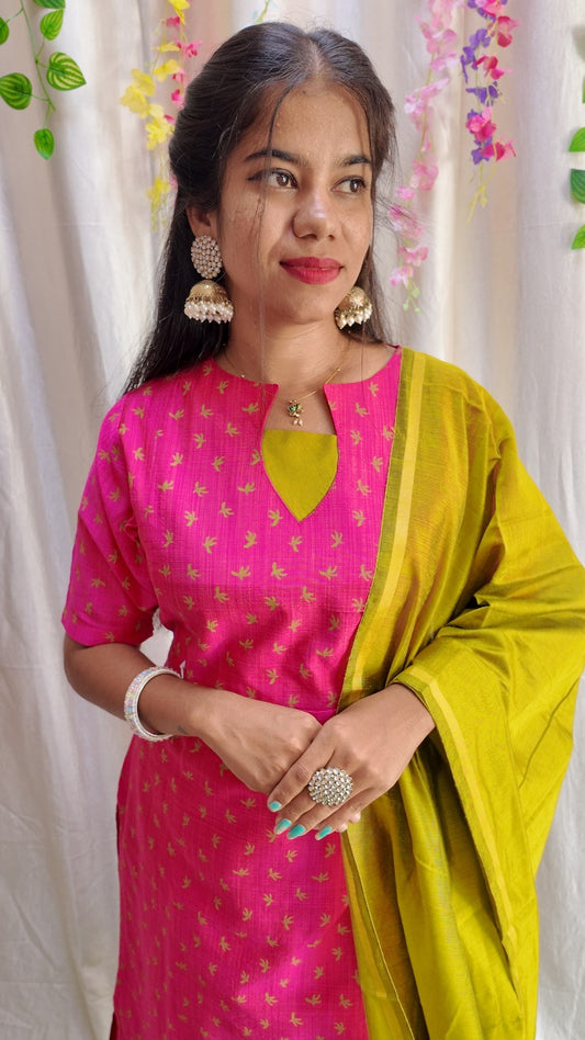 Sara Pink-Premium Raw Silk Printed Salwar Set-(Top,Bottom,Duppatta)- Feeding FC0305