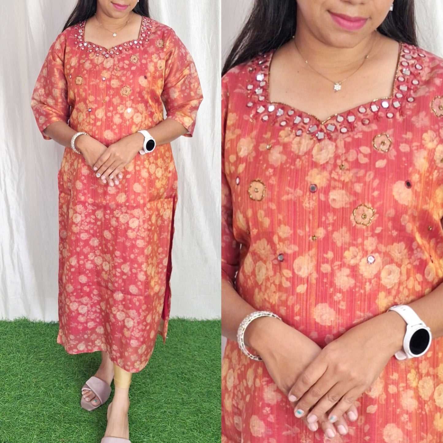 Handwork Tissue Kurti with Lining ( Non Feeding only)-014