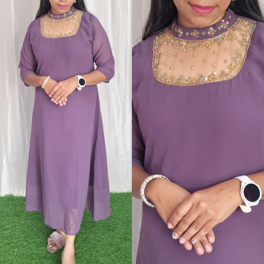 Buy 1 Get 1 Free Jewel neck Handwork Kurti with Lining ( Non Feeding only)-042