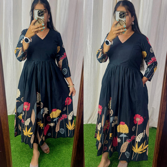 Black Premium Cotton Daman Print Fabric Maxi with Cotton lining FC0045