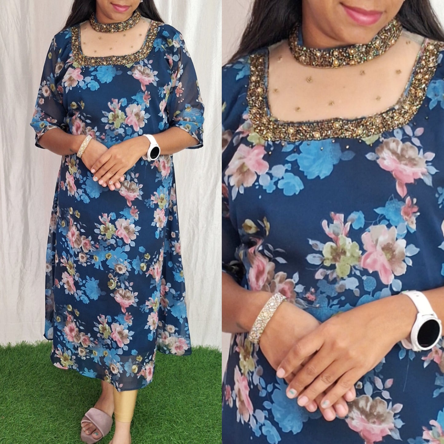 Jewel neck Handwork Kurti with Lining ( Non Feeding only)