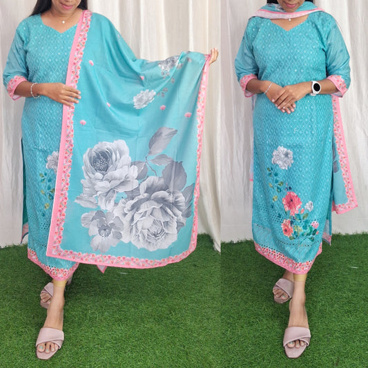 Buy 1 Get 1 Free Chikan Cotton Kurti with Duppata (with Lining) ( Non Feeding only)-054