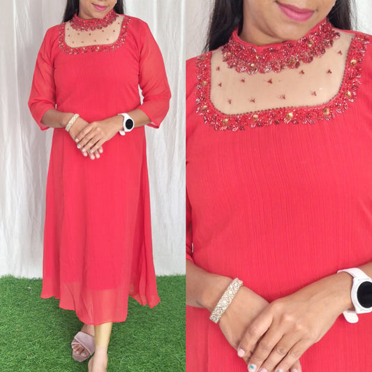 Buy 1 Get 1 Free Jewel neck Handwork Kurti with Lining ( Non Feeding only)-047