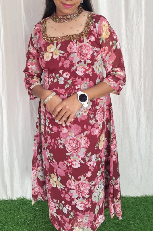 Buy 1 Get 1 Free Jewel neck Handwork Kurti with Lining ( Non Feeding only)