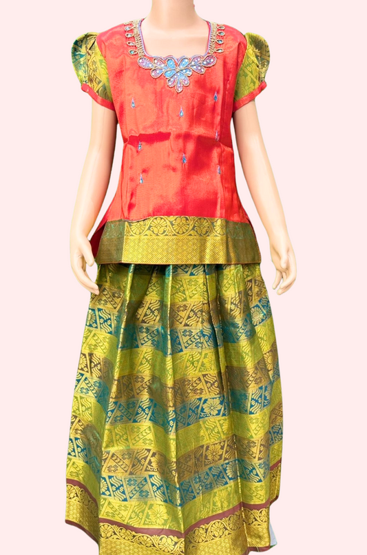 Pattu Pavadai with orange top and green bottom