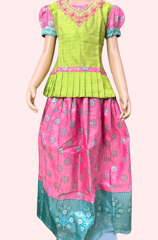 Pattu Pavadai Green And Pink Bottom