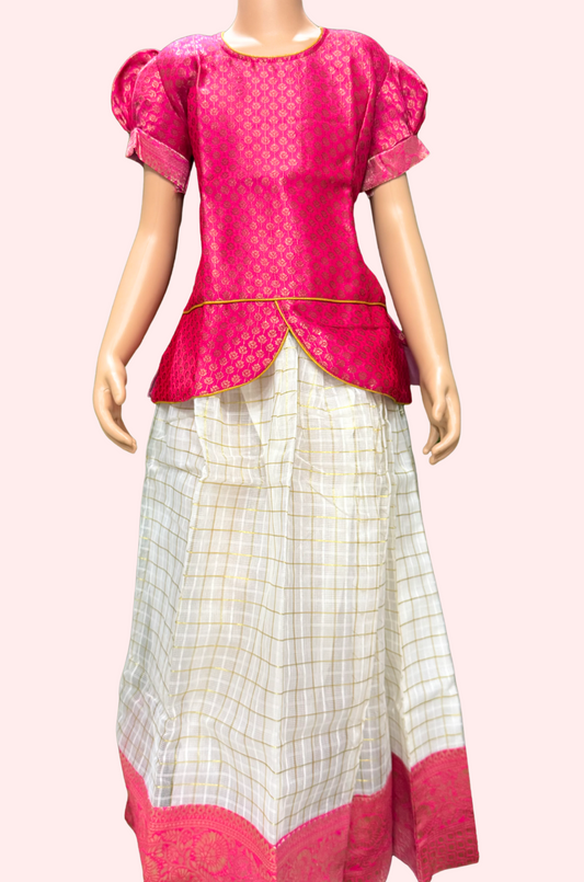 Pattu Pavadai Pink and White Bottom