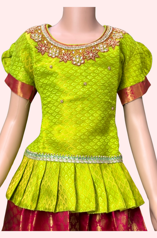 Pattu Pavadai green Top and Brownish Bottom