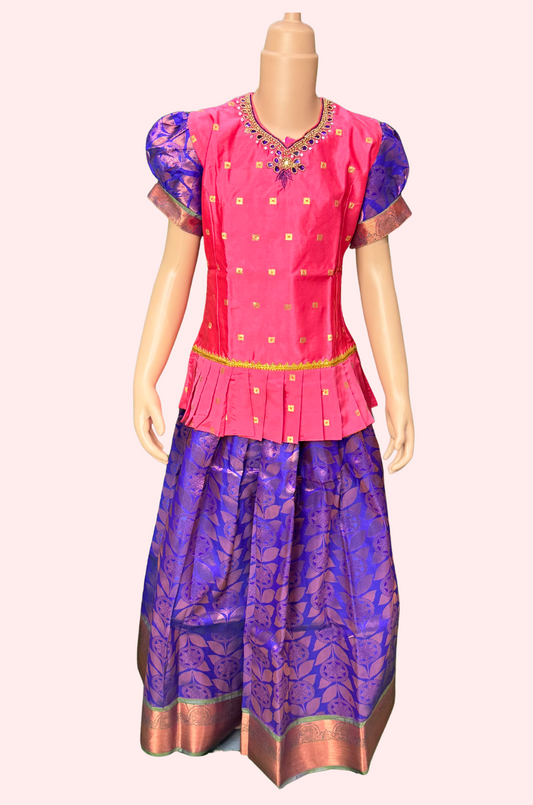 Pink with Blue Broder Stoned Pattu Set