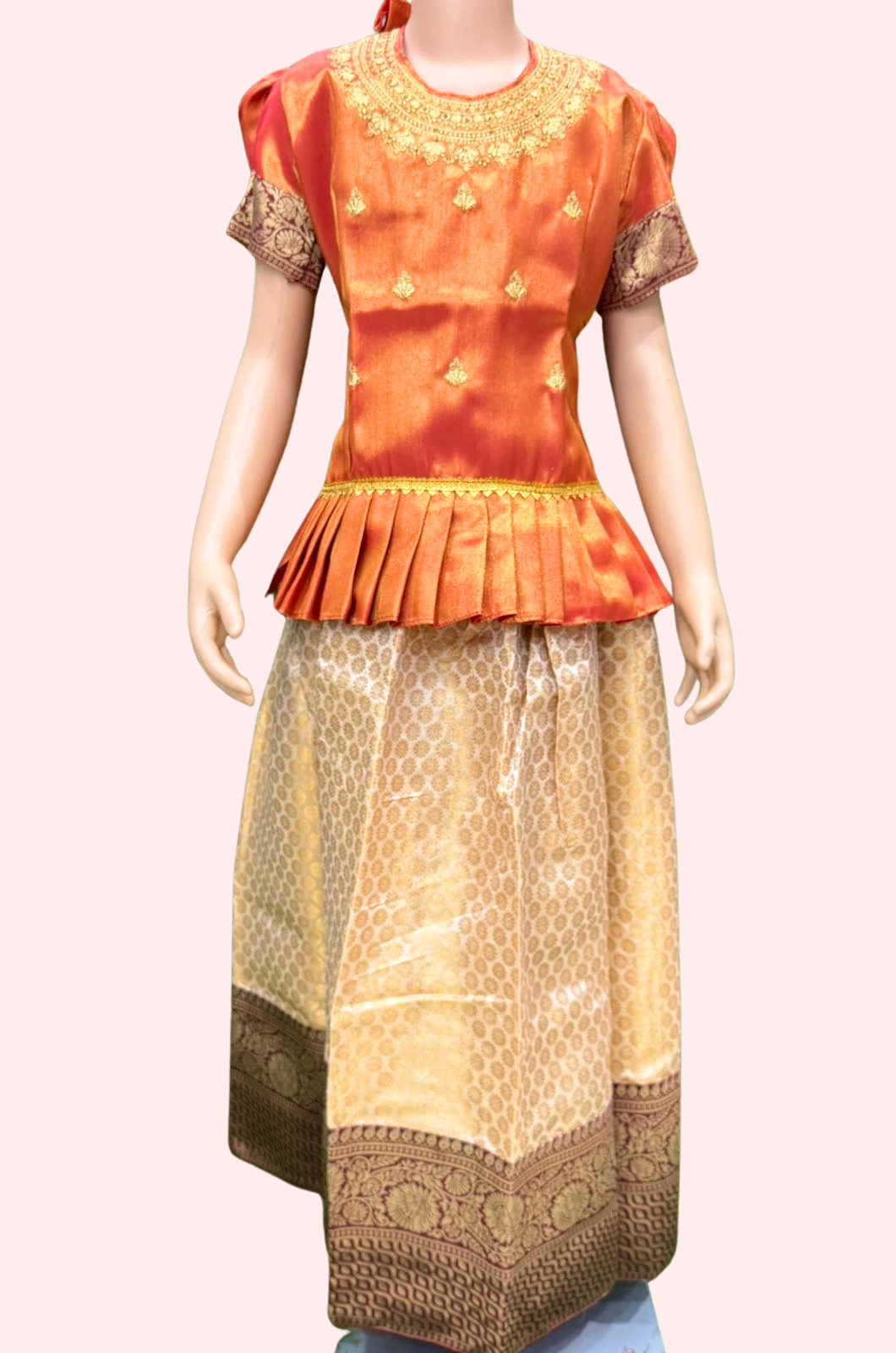 Orange Embroidery Worked Pattu Set
