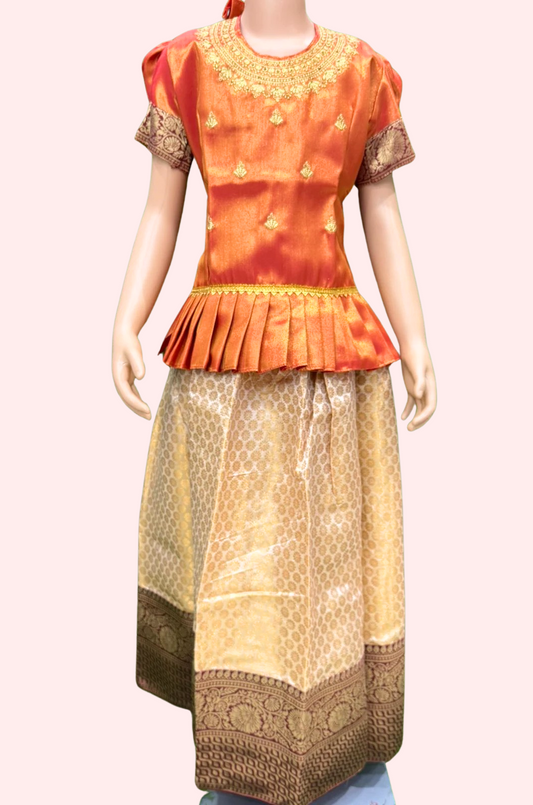 Orange Embroidery Worked Pattu Set