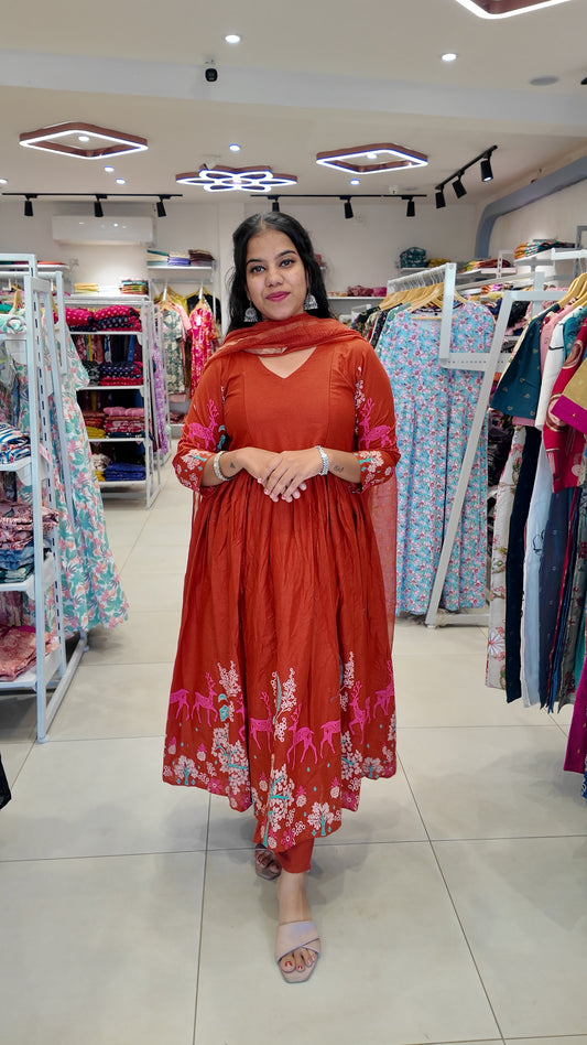 Premium Cotton Anarkali Salwar Set-(Top,Bottom,Duppatta)- Feeding/Non Feeding [O]