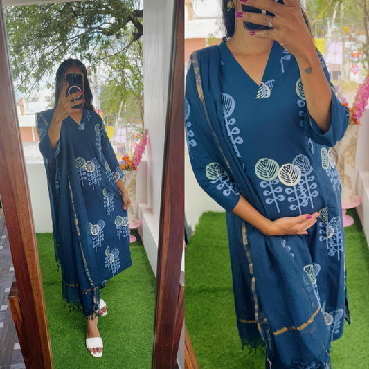 Feeding/Maternity- Pure Cotton Suit set(Top,Pant & Duppatta) (Without Lining)