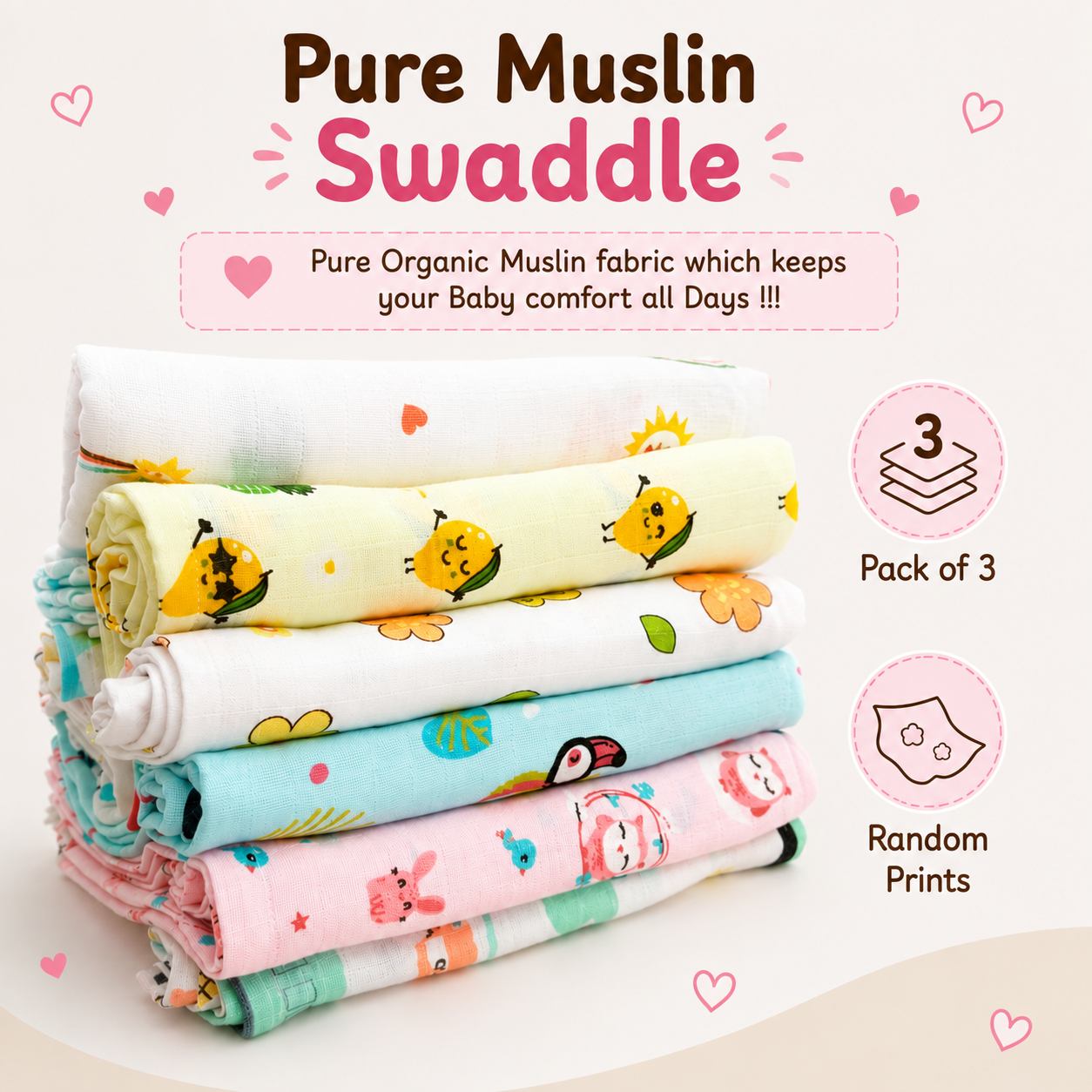 Muslin Baby Swaddles | Pack of 3 | Premium Fabrics | Cute Prints