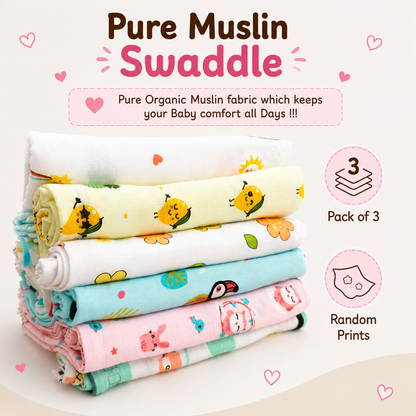 Muslin Baby Swaddles | Pack of 3 | Premium Fabrics | Cute Prints