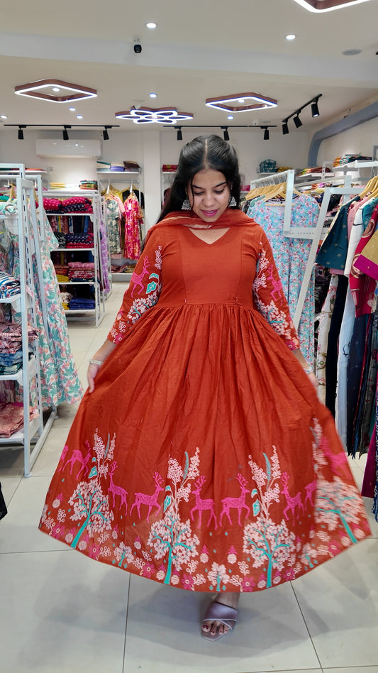 Premium Cotton Anarkali Salwar Set-(Top,Bottom,Duppatta)- Feeding/Non Feeding [O]