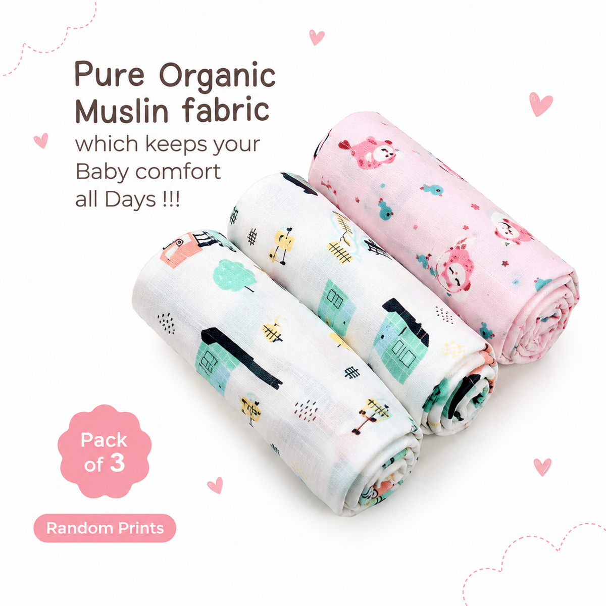 Muslin Baby Swaddles | Pack of 3 | Premium Fabrics | Cute Prints