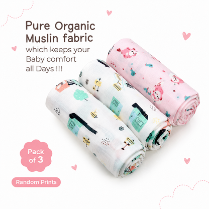 Muslin Baby Swaddles | Pack of 3 | Premium Fabrics | Cute Prints