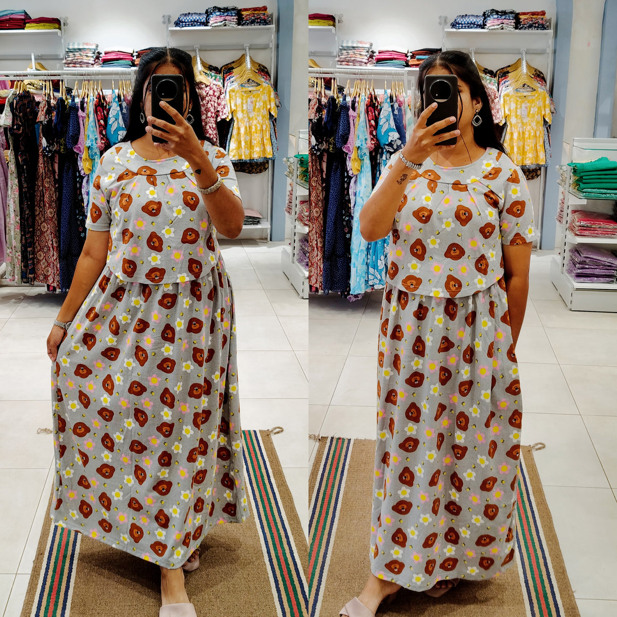 BUY 3 1500/- FLF074 Frill Zipless maternity/feeding Loungewear Maxi Pull up Model