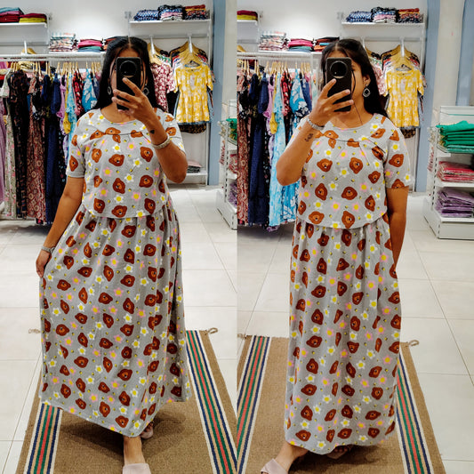 BUY 3 1500/- FLF074 Frill Zipless maternity/feeding Loungewear Maxi Pull up Model