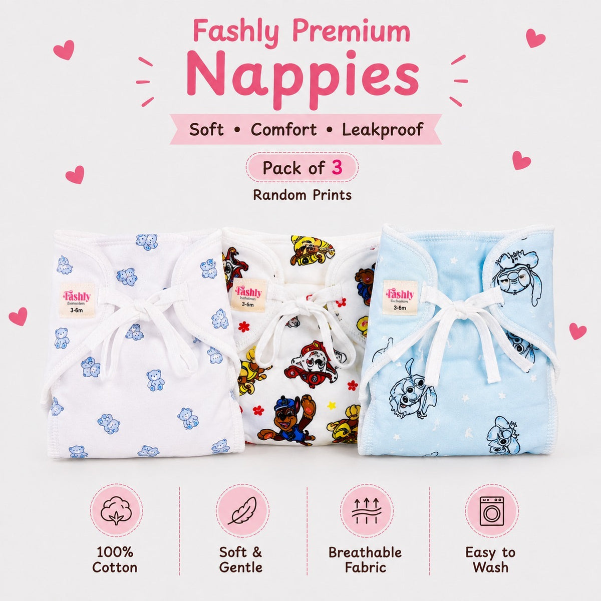 Reusable PaddedNappies for Babies(Pack of 3) Print will Vary