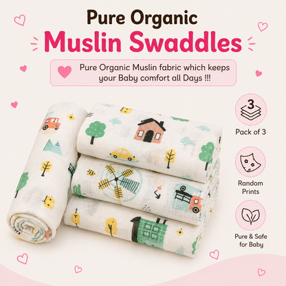 Muslin Baby Swaddles | Pack of 3 | Premium Fabrics | Cute Prints