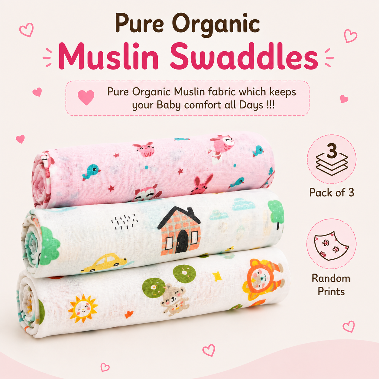Muslin Baby Swaddles | Pack of 3 | Premium Fabrics | Cute Prints