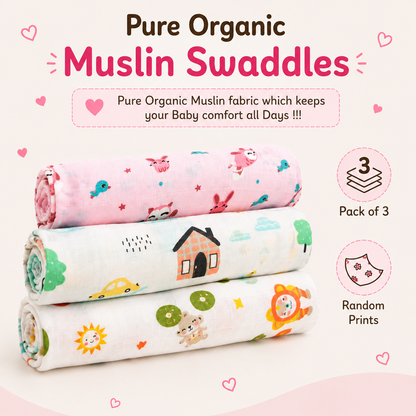 Muslin Baby Swaddles | Pack of 3 | Premium Fabrics | Cute Prints
