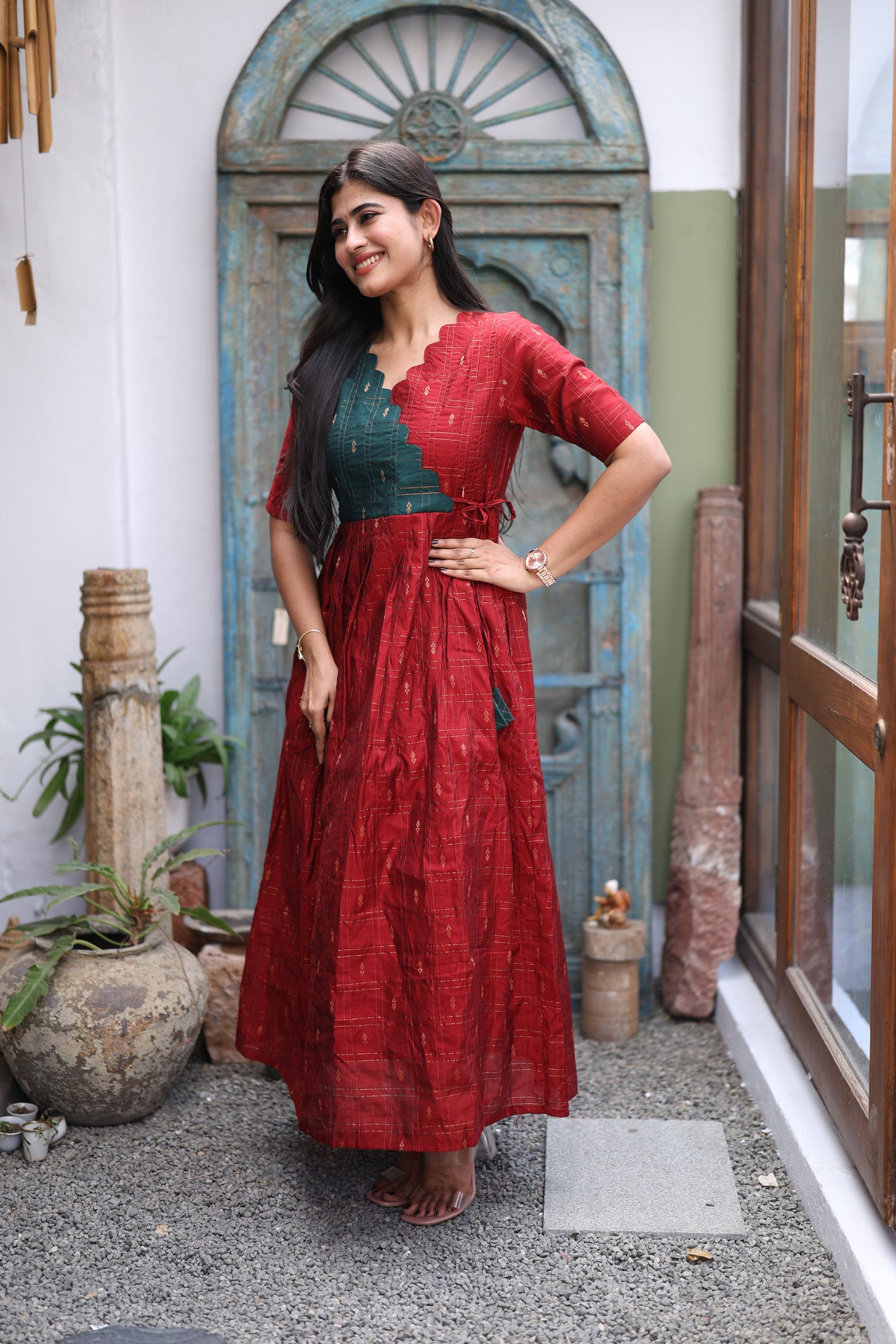 Premium Ethnic Raw Silk Scallop Maxi-Feeding(With Lining)FC0019